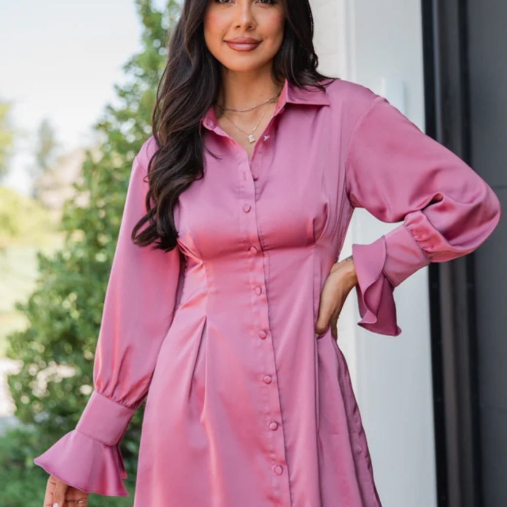 NWT MANNERS MATTER ROSE SATIN COLLARED SHIRT DRESS